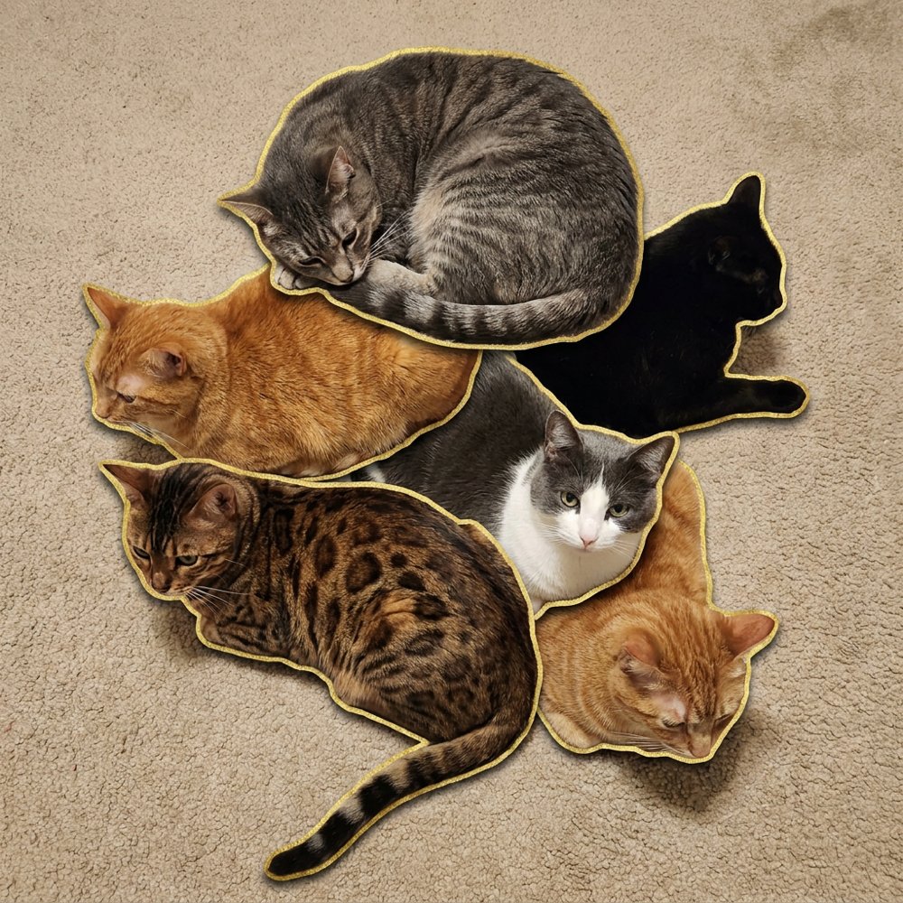 Six real house cats, each photographed on its own and cut out with a hand-stitched gold glitter edge, overlapped together like patches into one cluster on a beige carpet